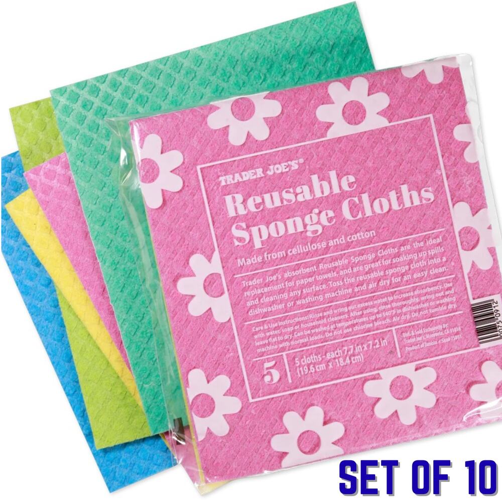 Set of 10! Trader Joe's Reusable Sponge Cloths Multicolored Pack of 5 Cloths NEW